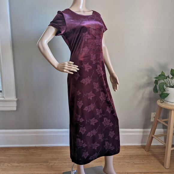 Vintage 90s Lisa Jo Velvet Maxi Dress Glitter Floral Burgundy Whimsigoth Size 5 - Picture 3 of 11